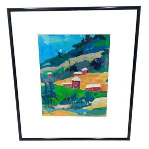Landscape Painting Framed Rolling Hills 14 x 16 Trees Impressionist Impressionis